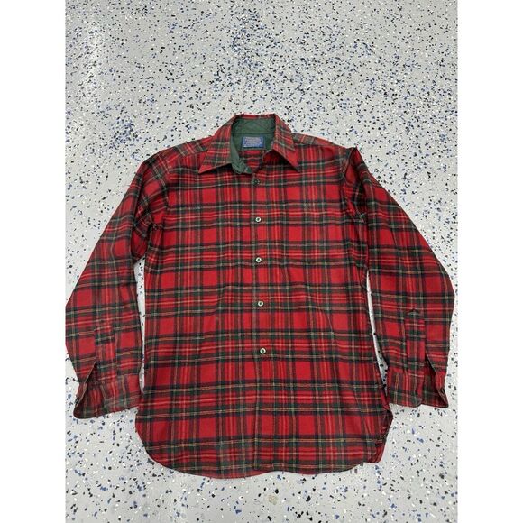 VTG Pendleton Woolen Mills Men M Button Up Pure Virgin Wool Shirt Red Plaid Used - Picture 1 of 2